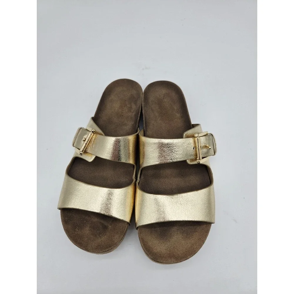 Michael Kors Gold Two Strap Slide Sandals Womens Size 6.5 M Comfort Footbed